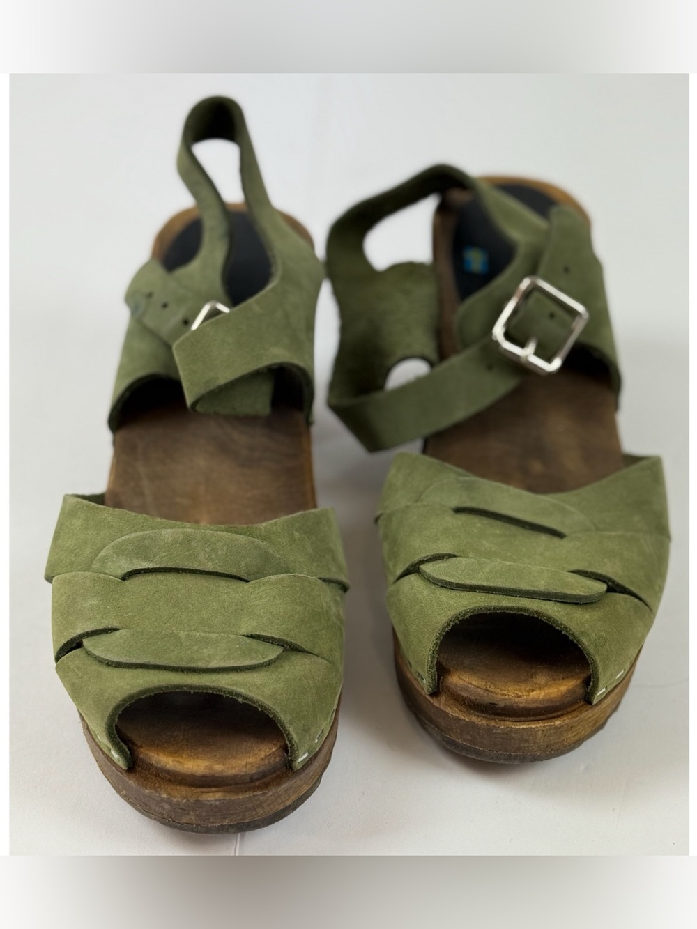 Swedish Woman’s Olive Green Strappy Slingback Platform Wedge Wooden Heels Clogs